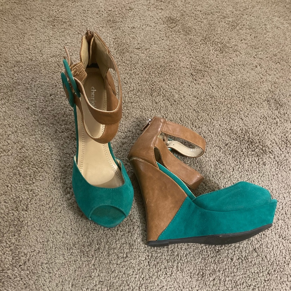 Charlotte Russe green suede/brown pleather wedges